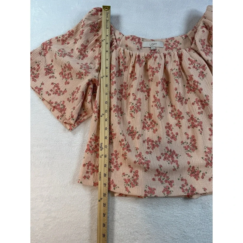LOFT Women's Large Pink‎ Floral Square Neck Puff Sleeve Blouse Cottage Coquette